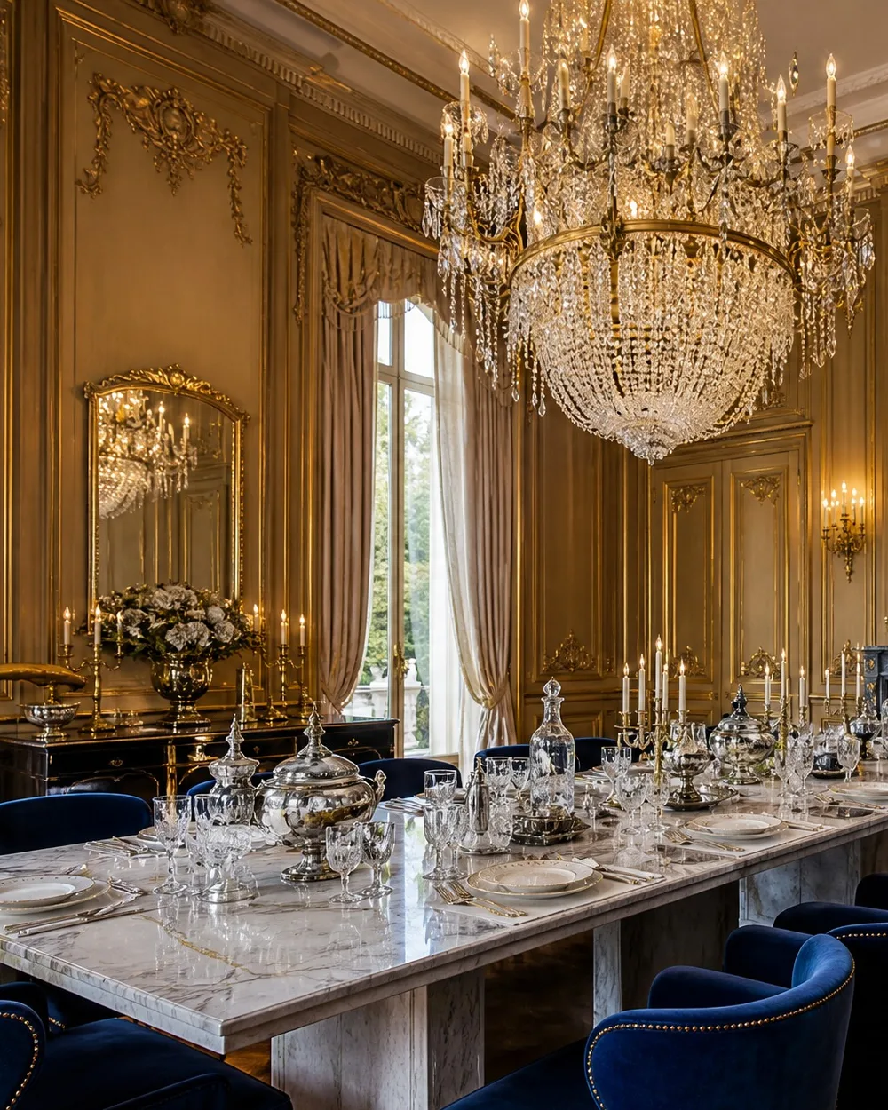 Salle à manger d'apparat, boiseries dorées et table de marbre.