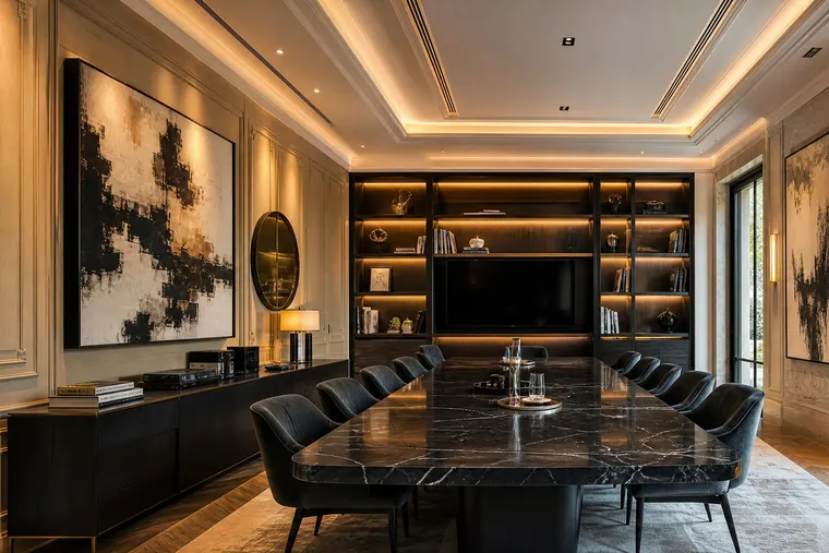 Salle de conseil, table de marbre noir et boiseries sombres.