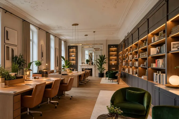 Atelier haussmannien, longues tables de chêne et bibliothèque murale.