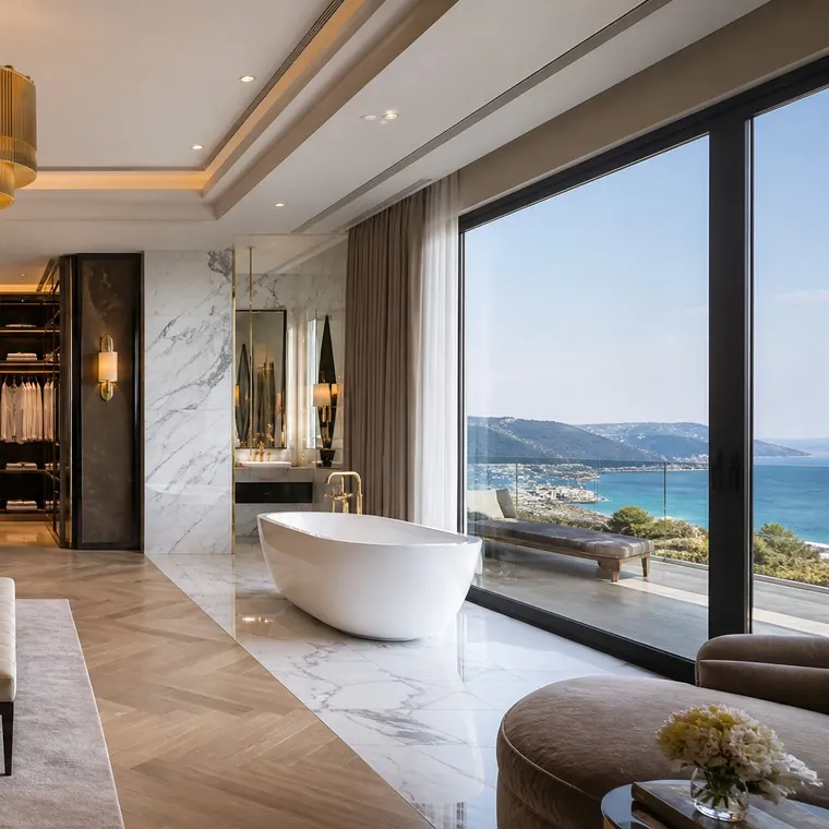 Suite ouverte sur la mer, tête de lit capitonnée et bain de pierre.