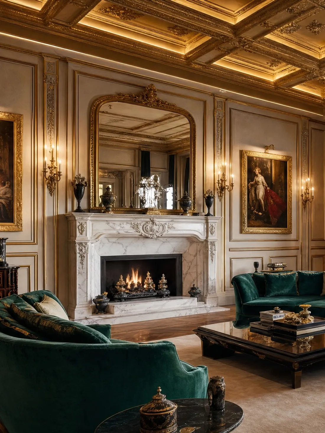 Salon d'apparat : plafond à caissons dorés, cheminée de marbre blanc et velours vert