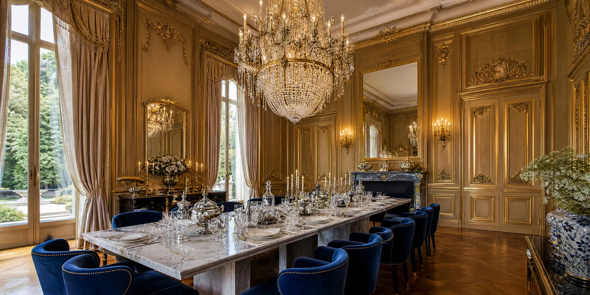 Salle à manger d'apparat, boiseries dorées et longue table de marbre.